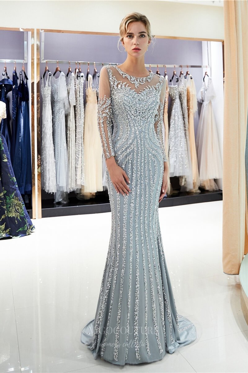 Prom Dress 2025 Long Sleeve Mermaid Beaded Prom Dress 20273-unique elegant Prom Dresses-Grey-US2-vigocouture