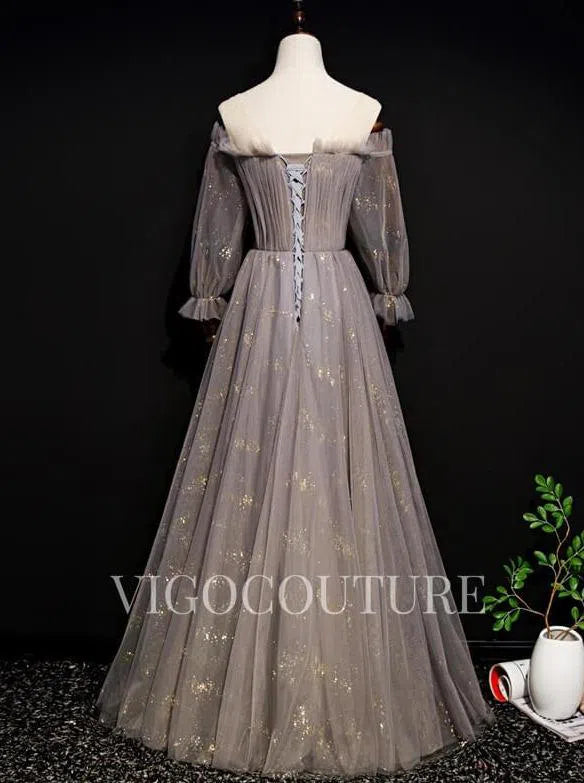 Prom Dress 2025 Long Sleeve Prom Dress 2022 Off the Shoulder Prom Gown-unique elegant Prom Dresses-Grey-US2-vigocouture