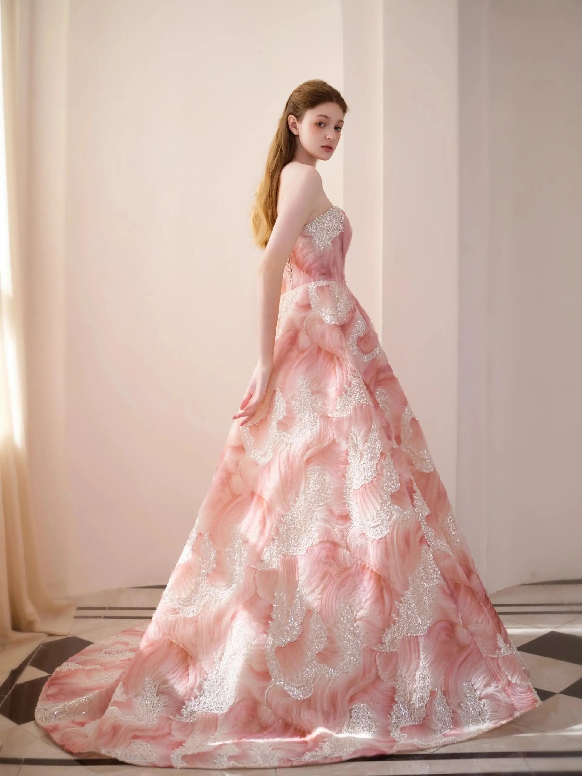 Luxurious Pink Strapless Quinceañera Dress with 3D Blossom Details & Sparkling Accents – Style 25303 Custom Colors / US22W Luxurious Pink Strapless Quinceañera Dress with 3D Blossom Details & Sparkling Accents – Style 25303 Custom Colors / US22W