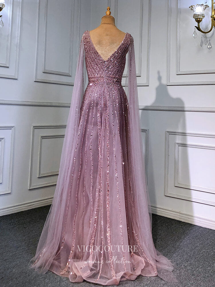 Prom Dress 2025 Luxury Beaded Cape Sleeve Prom Dresses V-Neck Pageant Dresses 22082-unique elegant Prom Dresses-Champagne-US2-vigocouture