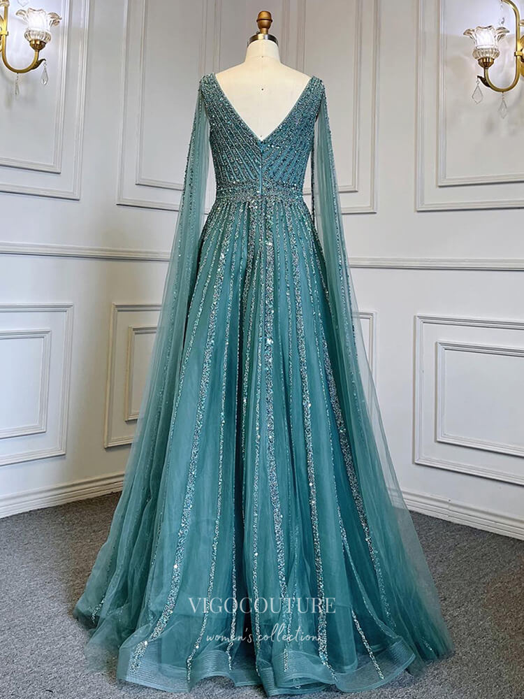 Prom Dress 2025 Luxury Beaded Cape Sleeve Prom Dresses V-Neck Pageant Dresses 22082-unique elegant Prom Dresses-Champagne-US2-vigocouture