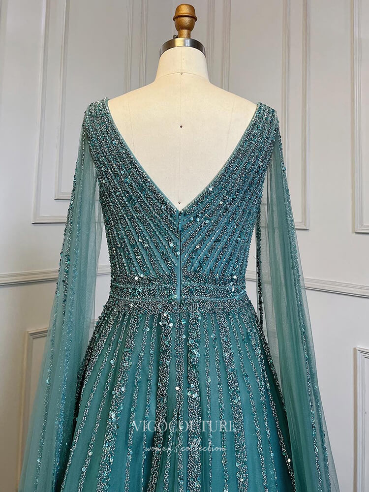 Prom Dress 2025 Luxury Beaded Cape Sleeve Prom Dresses V-Neck Pageant Dresses 22082-unique elegant Prom Dresses-Champagne-US2-vigocouture