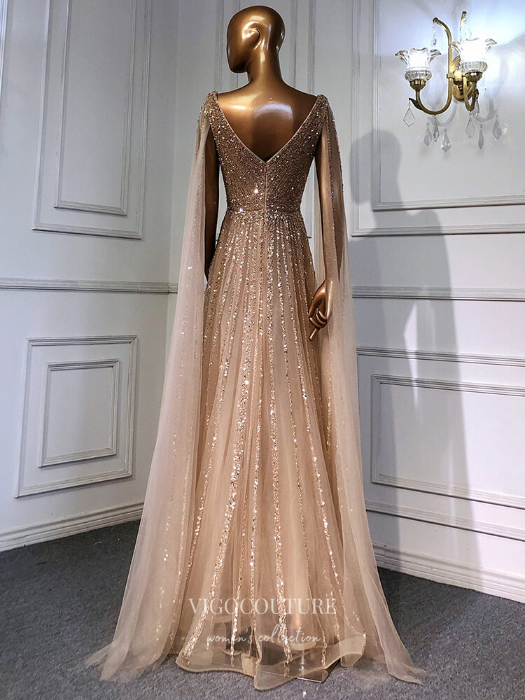 Luxury Beaded Cape Sleeve Prom Dresses V-Neck Pageant Dresses 22082 vigocouture Luxury Beaded Cape Sleeve Prom Dresses V-Neck Pageant Dresses 22082 vigocouture