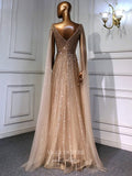 Prom Dress 2025 Luxury Beaded Cape Sleeve Prom Dresses V-Neck Pageant Dresses 22082-unique elegant Prom Dresses-Champagne-US2-vigocouture