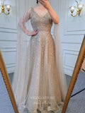 Prom Dress 2025 Luxury Beaded Cape Sleeve Prom Dresses V-Neck Pageant Dresses 22082-unique elegant Prom Dresses-Champagne-US2-vigocouture