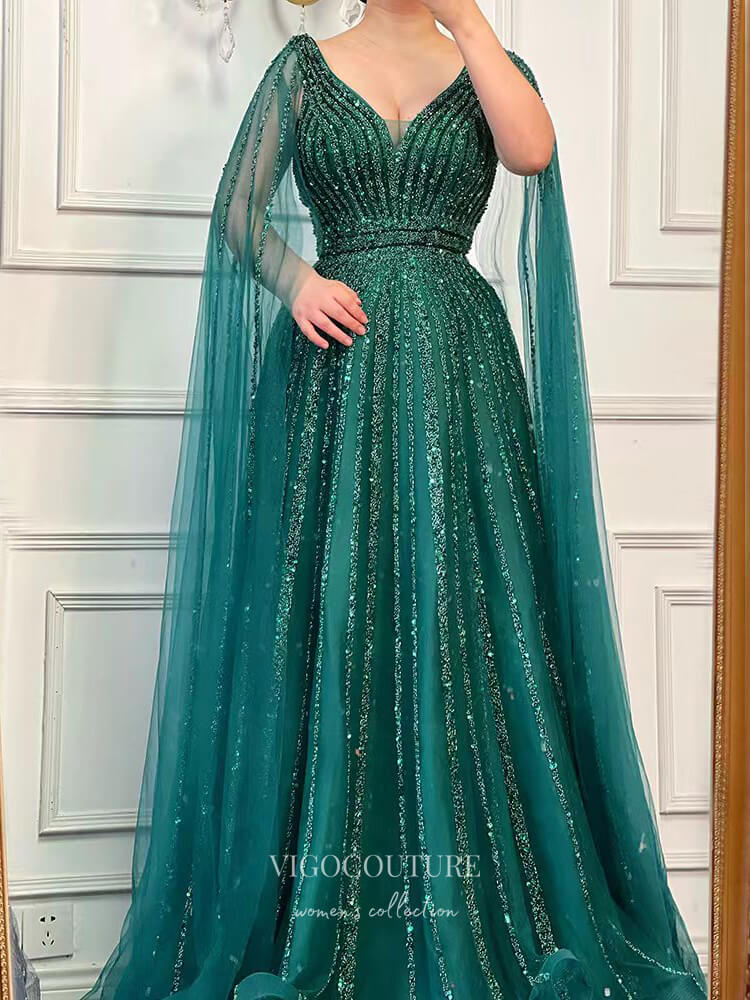 Prom Dress 2025 Luxury Beaded Cape Sleeve Prom Dresses V-Neck Pageant Dresses 22082-unique elegant Prom Dresses-Champagne-US2-vigocouture