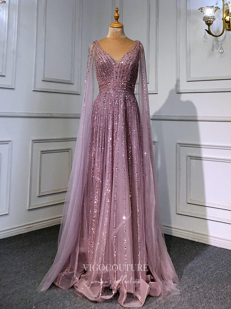 Prom Dress 2025 Luxury Beaded Cape Sleeve Prom Dresses V-Neck Pageant Dresses 22082-unique elegant Prom Dresses-Pink-US2-vigocouture