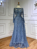 Prom Dress 2025 Luxury Beaded Lace Prom Dresses Long Sleeve Sheath Evening Gown 22089-unique elegant Prom Dresses-Dusty Blue-US2-vigocouture