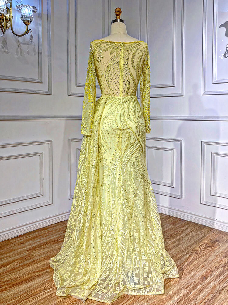 Prom Dress 2025 Luxury Beaded Lace Prom Dresses Long Sleeve Sheath Evening Gown 22089-unique elegant Prom Dresses-Yellow-US2-vigocouture