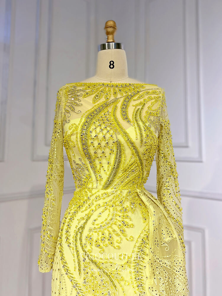 long sleeve yellow lace prom dress Yellow Mermaid Prom Yellow Long Sleeve Lace Prom Dress Yellow Mermaid Prom Dresses With Detachable Train