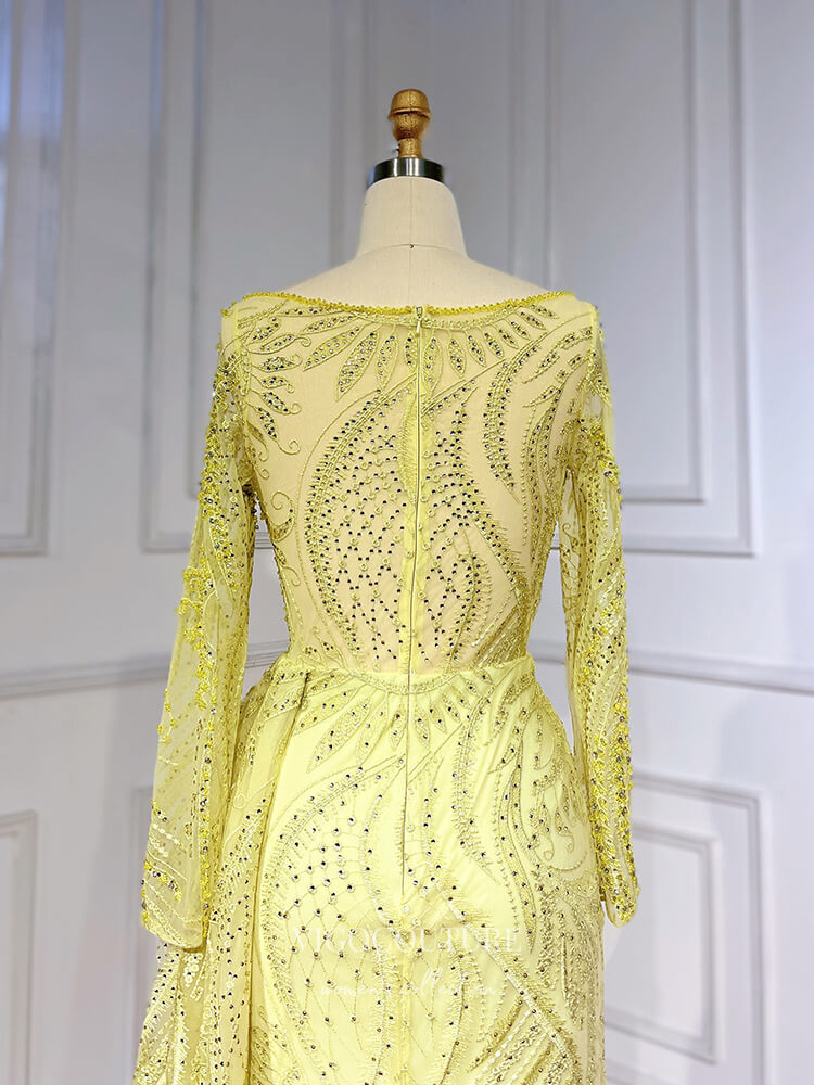 Prom Dress 2025 Luxury Beaded Lace Prom Dresses Long Sleeve Sheath Evening Gown 22089-unique elegant Prom Dresses-Yellow-US2-vigocouture