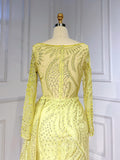 Prom Dress 2025 Luxury Beaded Lace Prom Dresses Long Sleeve Sheath Evening Gown 22089-unique elegant Prom Dresses-Yellow-US2-vigocouture