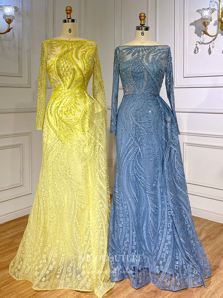 Prom Dress 2025 Luxury Beaded Lace Prom Dresses Long Sleeve Sheath Evening Gown 22089-unique elegant Prom Dresses-Yellow-US2-vigocouture