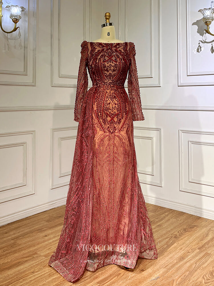Luxury Beaded Lace Prom Dresses Long Sleeve Sheath Evening Gown 22095 – vigocouture