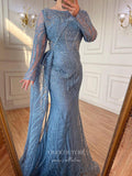 Prom Dress 2025 Luxury Beaded Lace Prom Dresses Long Sleeve Sheath Evening Gown 22095-unique elegant Prom Dresses-Dusty Blue-US2-vigocouture