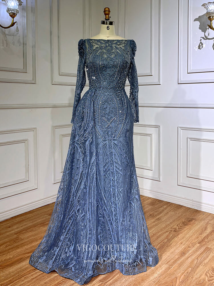 Prom Dress 2025 Luxury Beaded Lace Prom Dresses Long Sleeve Sheath Evening Gown 22095-unique elegant Prom Dresses-Dusty Blue-US2-vigocouture