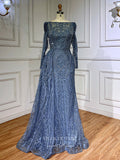 Prom Dress 2025 Luxury Beaded Lace Prom Dresses Long Sleeve Sheath Evening Gown 22095-unique elegant Prom Dresses-Dusty Blue-US2-vigocouture