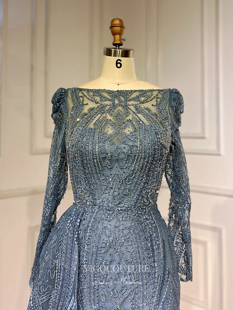 Prom Dress 2025 Luxury Beaded Lace Prom Dresses Long Sleeve Sheath Evening Gown 22095-unique elegant Prom Dresses-Dusty Blue-US2-vigocouture