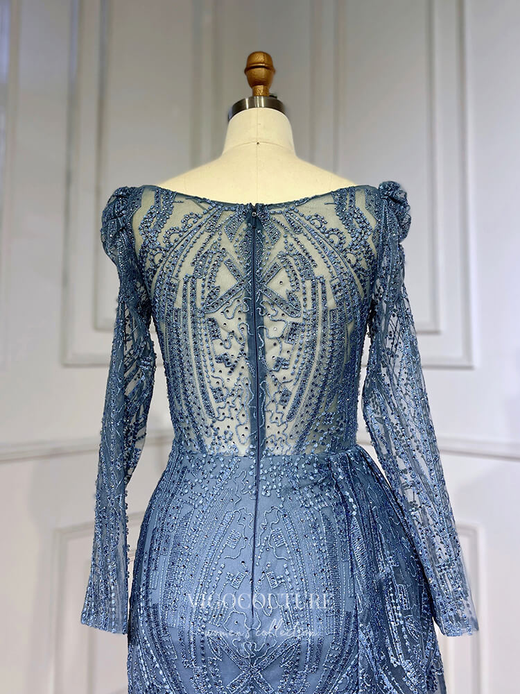 Luxury Beaded Lace Prom Dresses Long Sleeve Sheath Evening Gown 22095 Dusty Blue / US2 Luxury Beaded Lace Prom Dresses Long Sleeve Sheath Evening Gown 22095 Dusty Blue / US2
