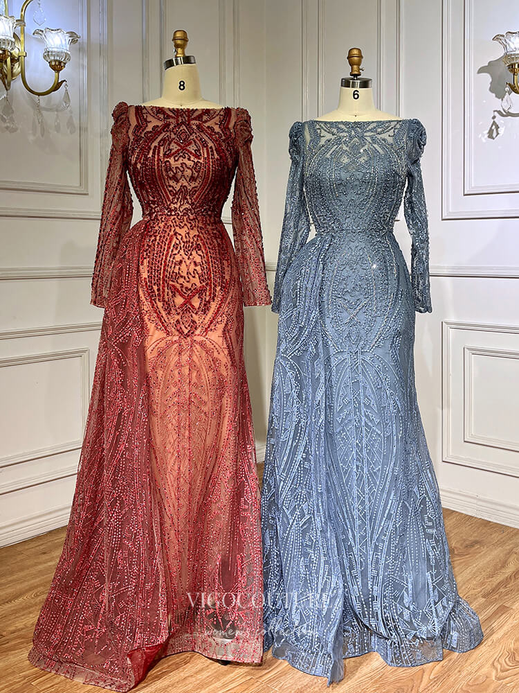 Prom Dress 2025 Luxury Beaded Lace Prom Dresses Long Sleeve Sheath Evening Gown 22095-unique elegant Prom Dresses-Dusty Blue-US2-vigocouture