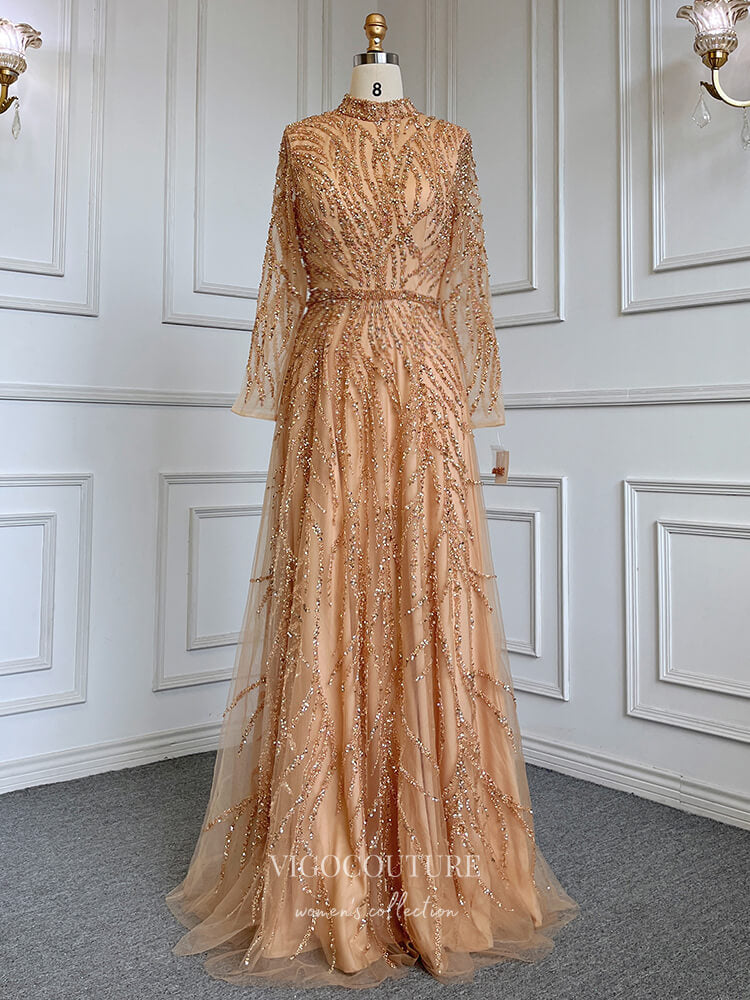 Prom Dress 2025 Luxury Beaded Prom Dresses Long Sleeve High Neck Mother of the Bride Dresses 22084-unique elegant Prom Dresses-Gold-US2-vigocouture