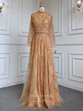 Prom Dress 2025 Luxury Beaded Prom Dresses Long Sleeve High Neck Mother of the Bride Dresses 22084-unique elegant Prom Dresses-Gold-US2-vigocouture