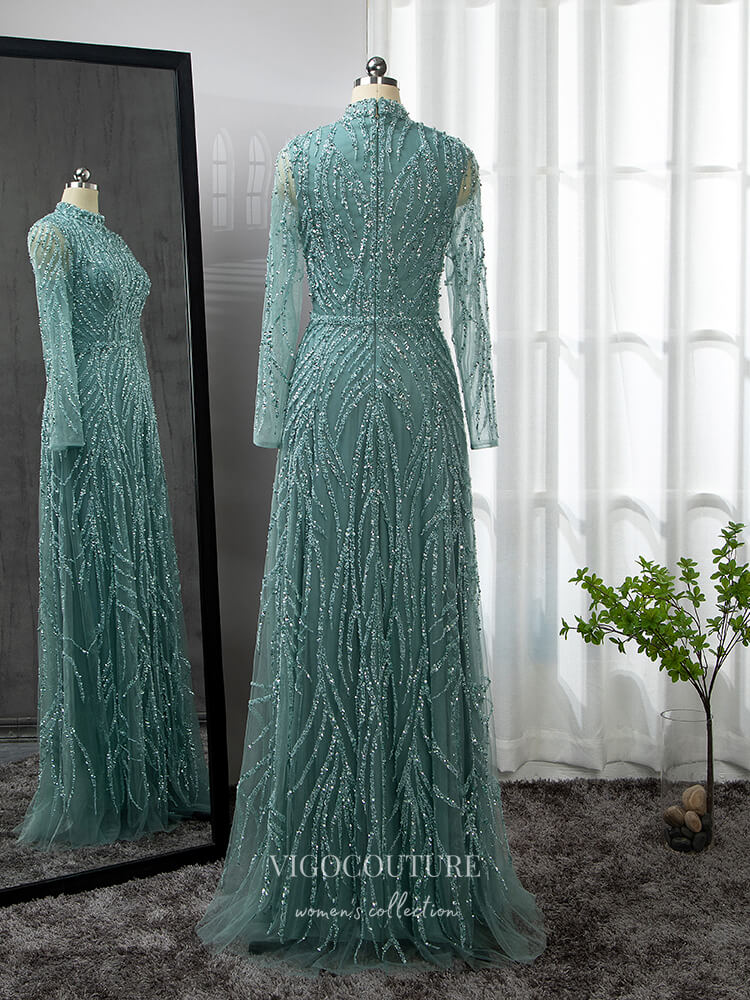 Prom Dress 2025 Luxury Beaded Prom Dresses Long Sleeve High Neck Mother of the Bride Dresses 22084-unique elegant Prom Dresses-Green-US2-vigocouture