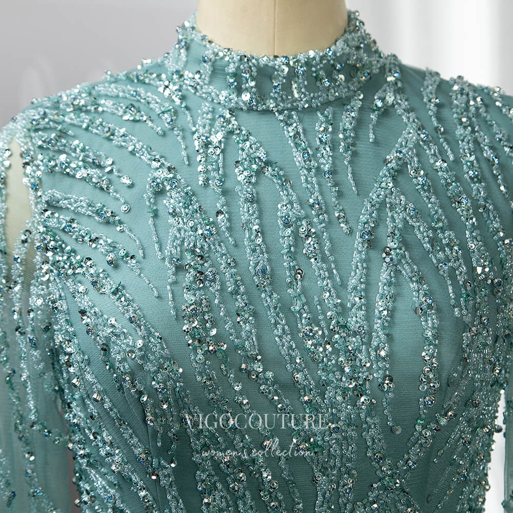 Prom Dress 2025 Luxury Beaded Prom Dresses Long Sleeve High Neck Mother of the Bride Dresses 22084-unique elegant Prom Dresses-Green-US2-vigocouture