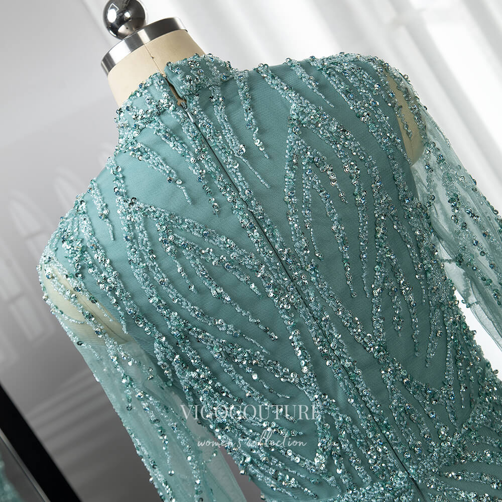 Prom Dress 2025 Luxury Beaded Prom Dresses Long Sleeve High Neck Mother of the Bride Dresses 22084-unique elegant Prom Dresses-Green-US2-vigocouture