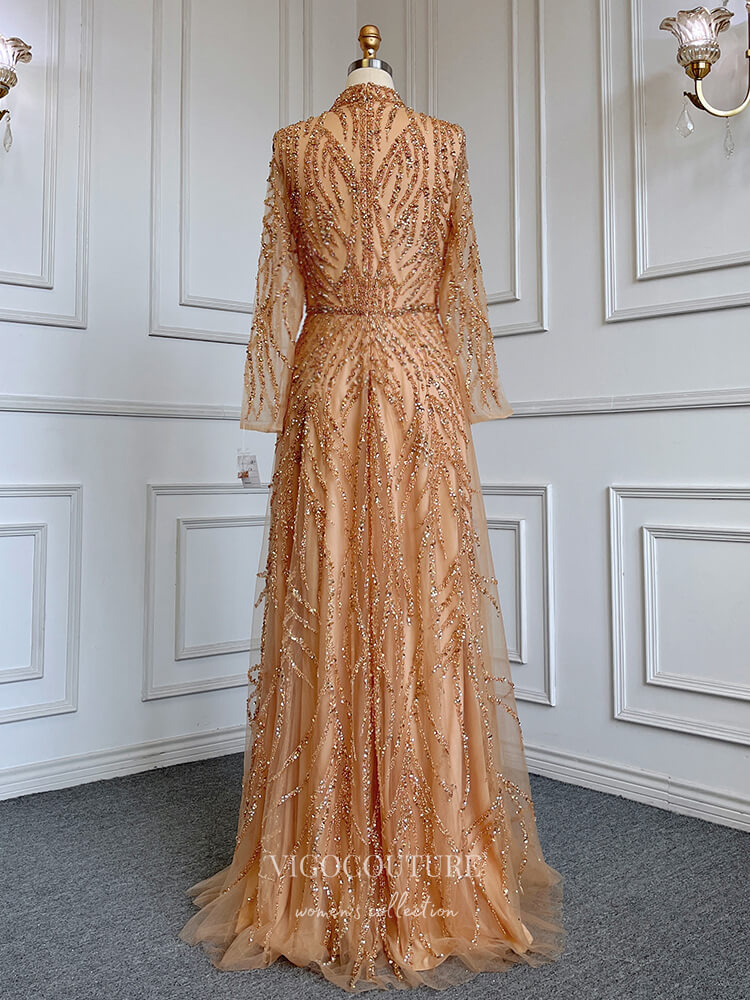 Prom Dress 2025 Luxury Beaded Prom Dresses Long Sleeve High Neck Mother of the Bride Dresses 22084-unique elegant Prom Dresses-Green-US2-vigocouture