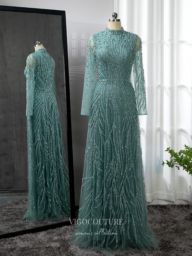 Luxury Beaded Prom Dresses Long Sleeve High Neck Mother of the Bride Dresses 22084 Green US2