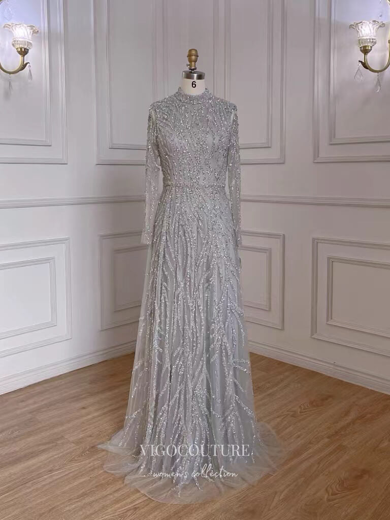 Luxury Beaded Prom Dresses Long Sleeve High Neck Mother of the Bride D vigocouture Luxury Beaded Prom Dresses Long Sleeve High Neck Mother of the Bride D vigocouture
