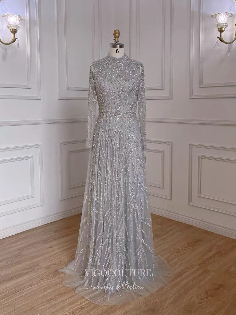 Prom Dress 2025 Luxury Beaded Prom Dresses Long Sleeve High Neck Mother of the Bride Dresses 22084-unique elegant Prom Dresses-Grey-US2-vigocouture