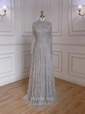 Prom Dress 2025 Luxury Beaded Prom Dresses Long Sleeve High Neck Mother of the Bride Dresses 22084-unique elegant Prom Dresses-Grey-US2-vigocouture