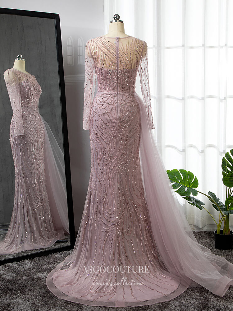 Prom Dress 2025 Luxury Beaded Prom Dresses Long Sleeve Mermaid Mother of the Bride Dresses 22087-unique elegant Prom Dresses-Pink-US2-vigocouture