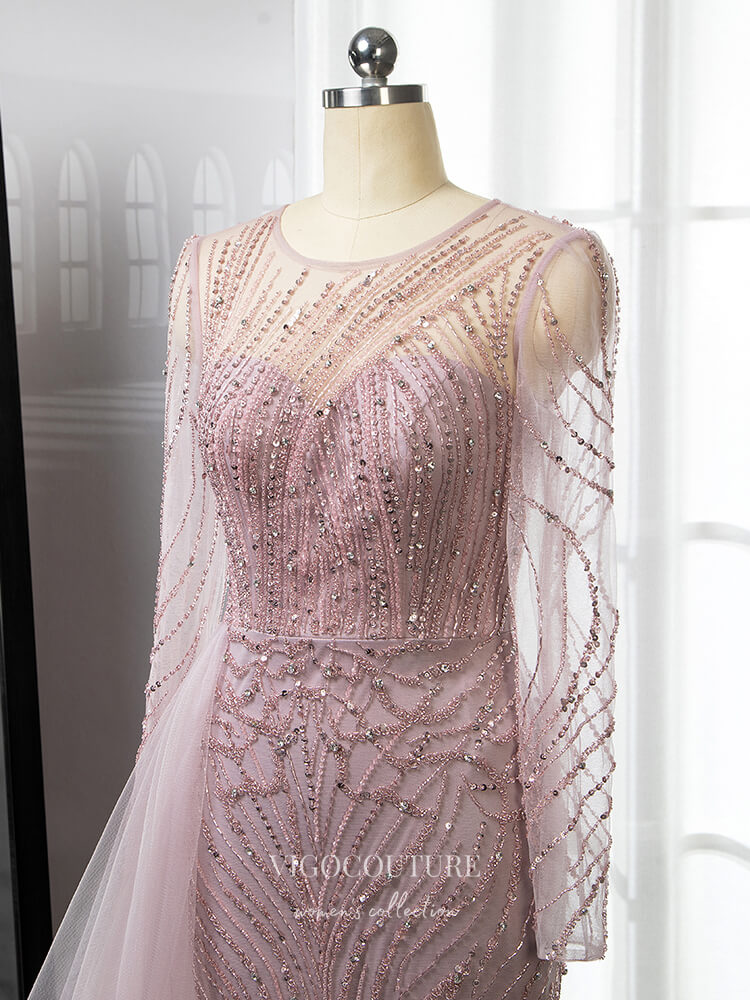 Prom Dress 2025 Luxury Beaded Prom Dresses Long Sleeve Mermaid Mother of the Bride Dresses 22087-unique elegant Prom Dresses-Pink-US2-vigocouture