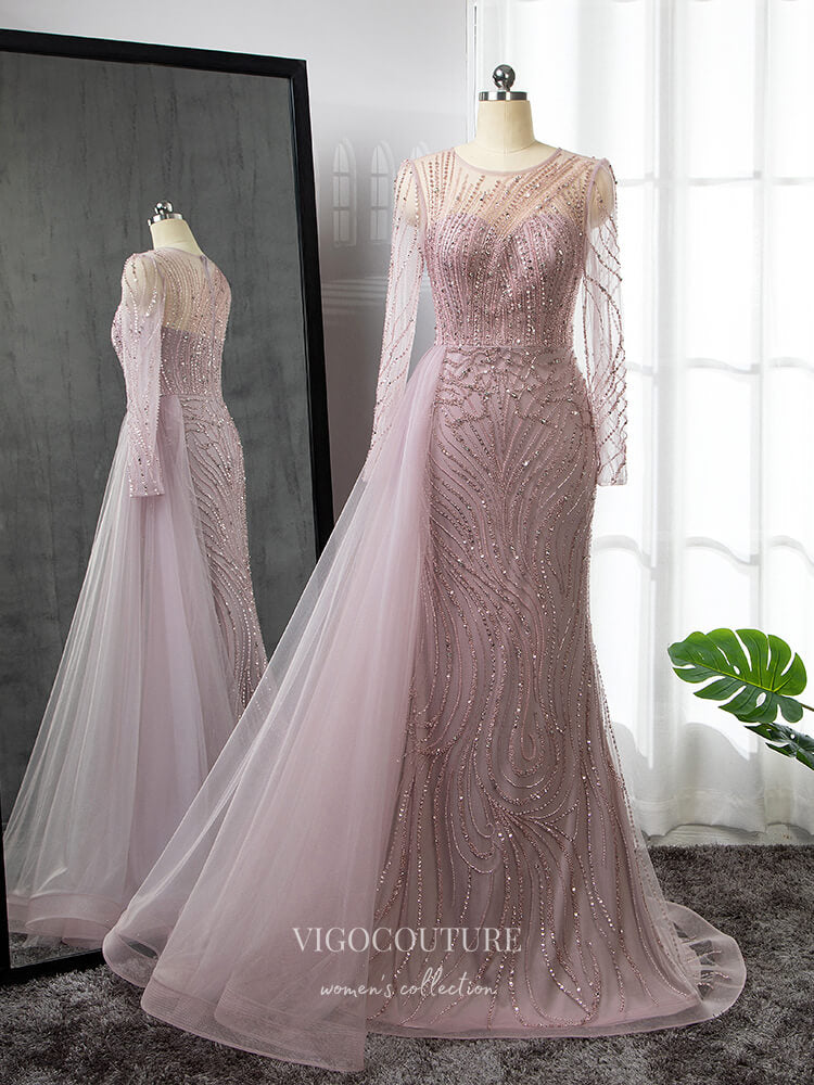 Prom Dress 2025 Luxury Beaded Prom Dresses Long Sleeve Mermaid Mother of the Bride Dresses 22087-unique elegant Prom Dresses-Pink-US2-vigocouture