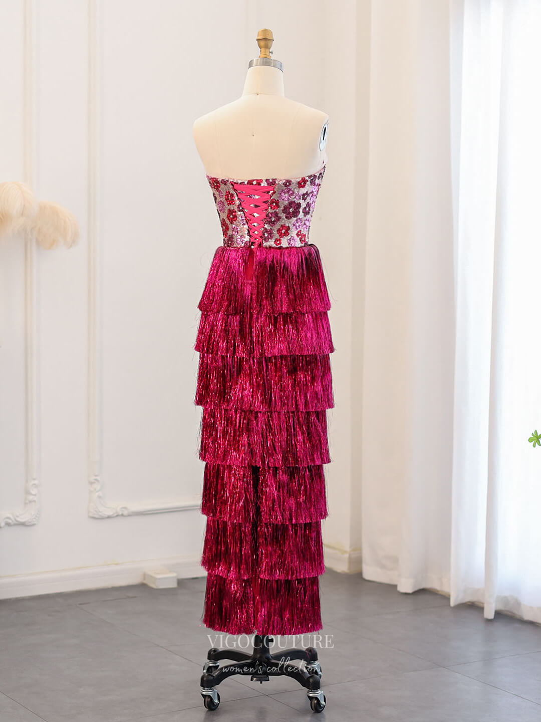 Prom Dress 2025 Magenta Strapless Floral Sequin Prom Dresses Tassel Tiered Evening Dress 24437-unique elegant Prom Dresses-Magenta-US2-vigocouture