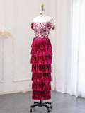 Prom Dress 2025 Magenta Strapless Floral Sequin Prom Dresses Tassel Tiered Evening Dress 24437-unique elegant Prom Dresses-Magenta-US2-vigocouture