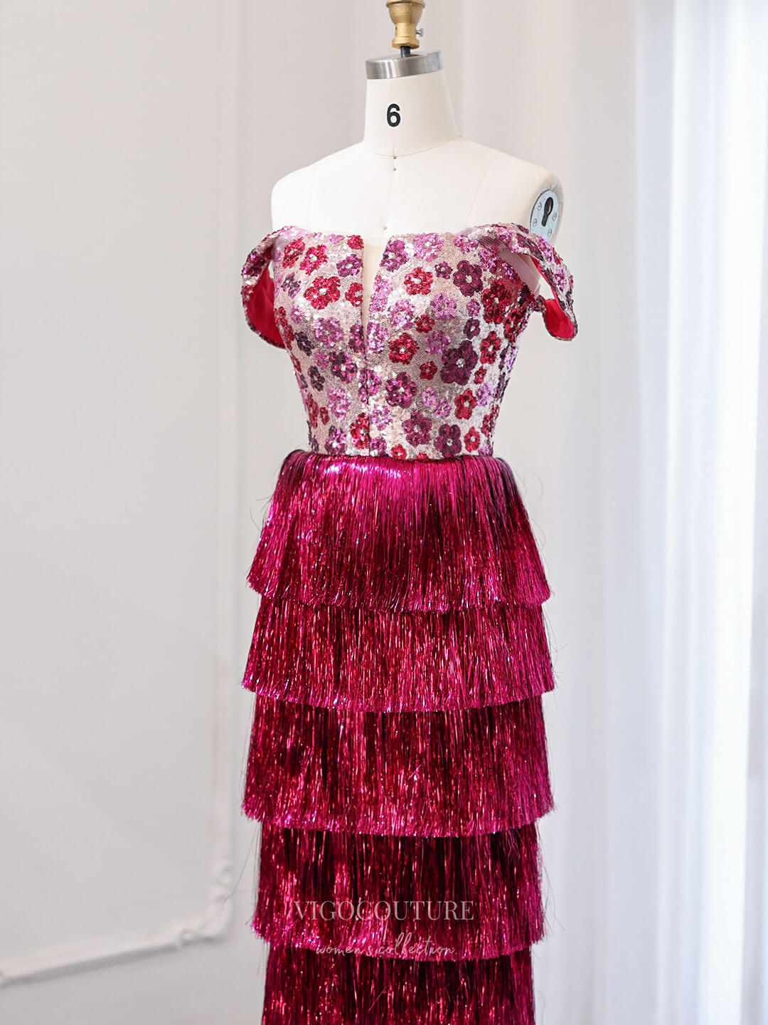 Magenta Strapless Floral Sequin Prom Dresses Tassel Tiered Evening Dress 24437 Magenta / US16 Magenta Strapless Floral Sequin Prom Dresses Tassel Tiered Evening Dress 24437 Magenta / US16