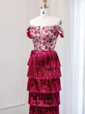 Prom Dress 2025 Magenta Strapless Floral Sequin Prom Dresses Tassel Tiered Evening Dress 24437-unique elegant Prom Dresses-Magenta-US2-vigocouture