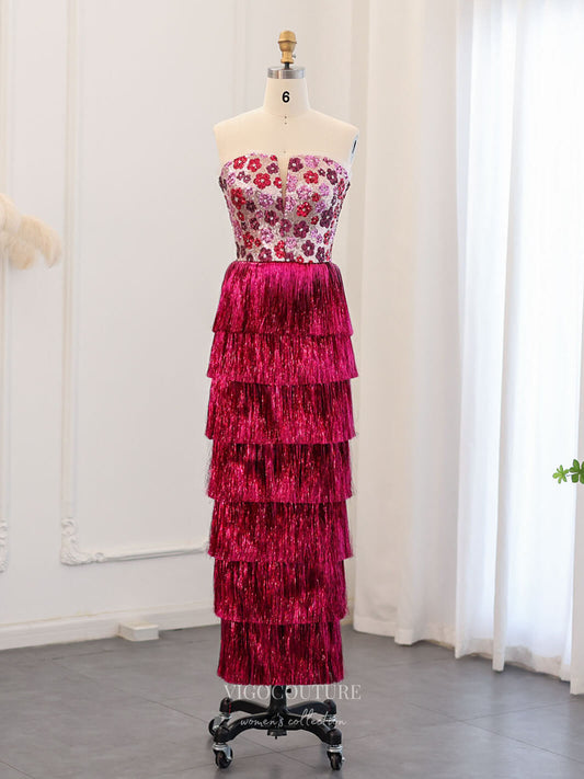 Prom Dress 2025 Magenta Strapless Floral Sequin Prom Dresses Tassel Tiered Evening Dress 24437-unique elegant Prom Dresses-Magenta-US2-vigocouture