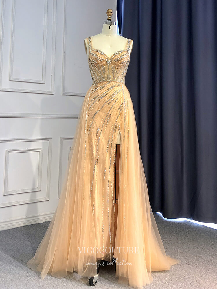 Prom Dress 2025 Mauve Beaded Prom Dresses with Slit Gold Overskirt Sheath Formal Dresses 22073-unique elegant Prom Dresses-Gold-US2-vigocouture