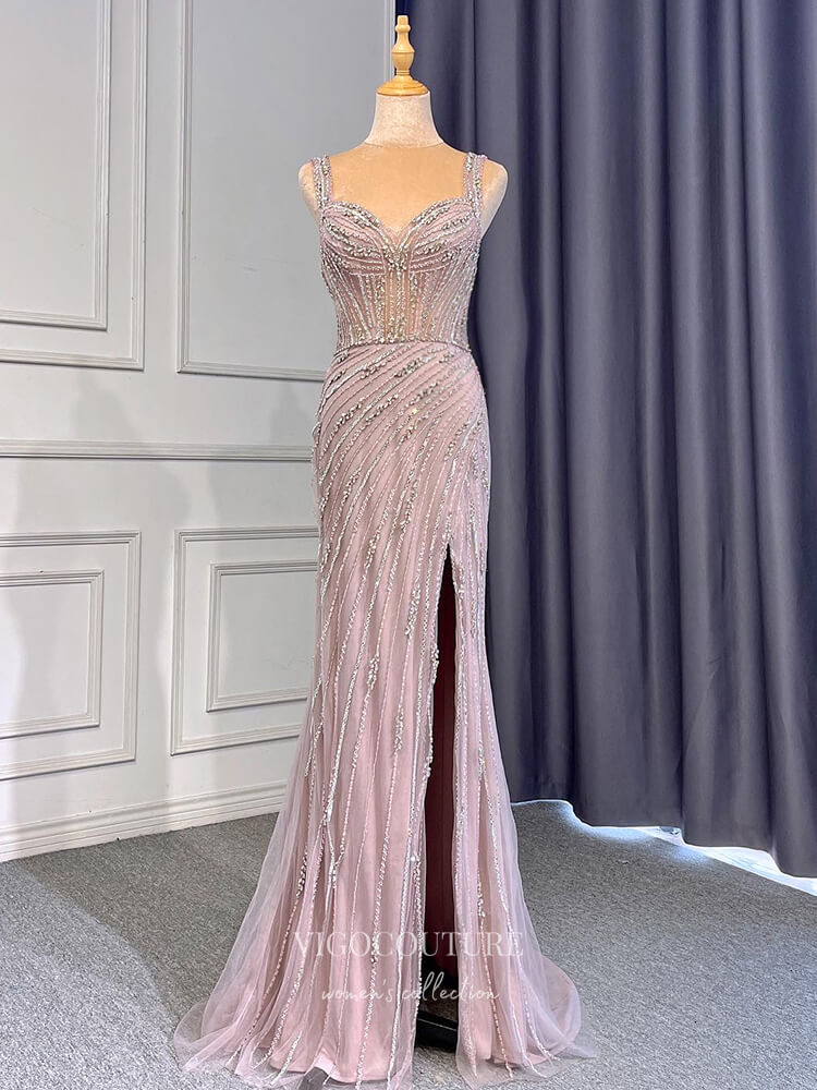 Mauve Beaded Prom Dresses with Slit Gold Overskirt Sheath Formal Dresses 22073