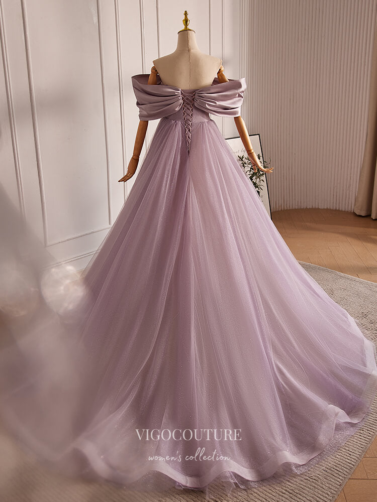 Prom Dress 2025 Mauve Bow-Tie Off the Shoulder Prom Dresses Shimmering Tulle Formal Gown 24398-unique elegant Prom Dresses-Mauve-Custom Size-vigocouture