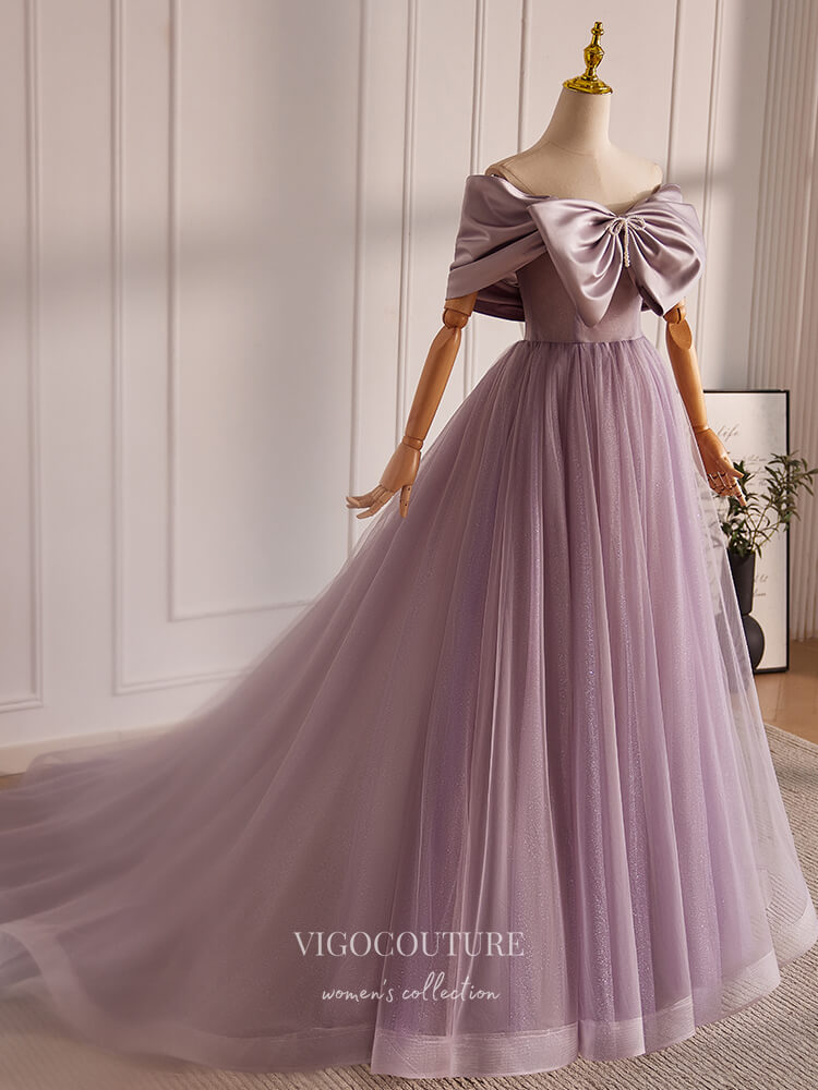 Prom Dress 2025 Mauve Bow-Tie Off the Shoulder Prom Dresses Shimmering Tulle Formal Gown 24398-unique elegant Prom Dresses-Mauve-Custom Size-vigocouture