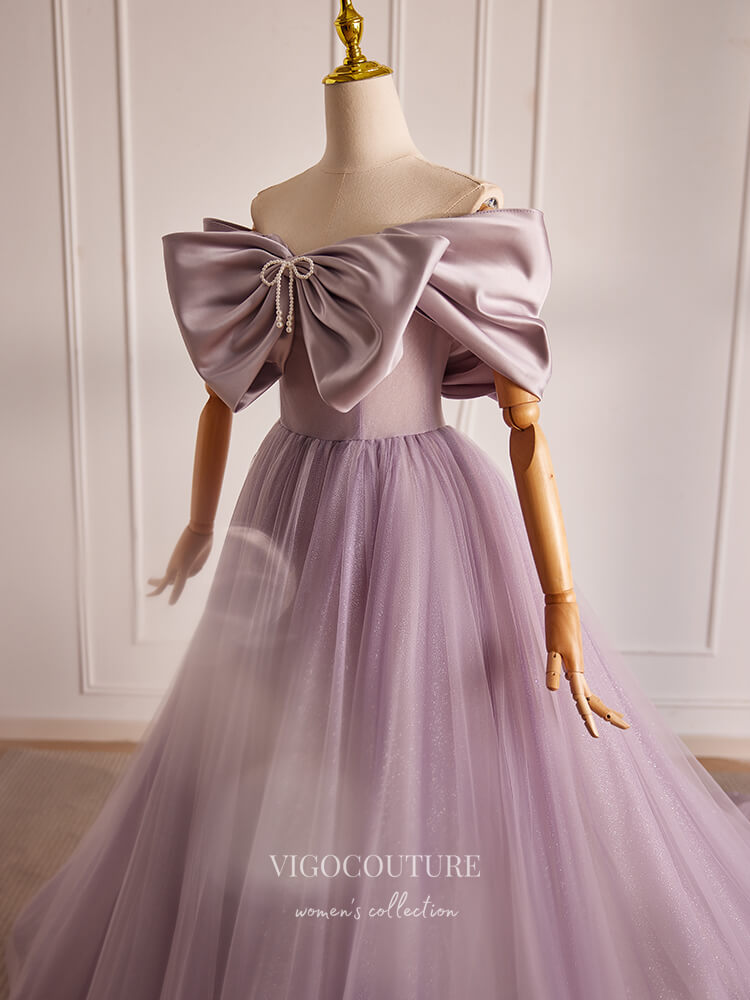 Prom Dress 2025 Mauve Bow-Tie Off the Shoulder Prom Dresses Shimmering Tulle Formal Gown 24398-unique elegant Prom Dresses-Mauve-Custom Size-vigocouture