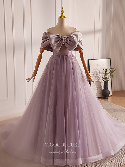 Prom Dress 2025 Mauve Bow-Tie Off the Shoulder Prom Dresses Shimmering Tulle Formal Gown 24398-unique elegant Prom Dresses-Mauve-Custom Size-vigocouture