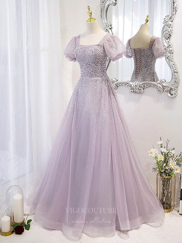 Mauve Sequin Beaded Tulle Puffed Sleeve Prom Dress 20880 – vigocouture