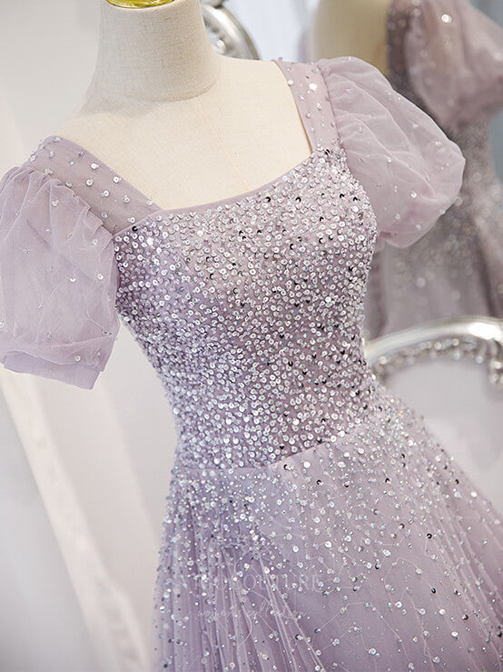 Prom Dress 2025 Mauve Sequin Beaded Tulle Puffed Sleeve Prom Dress 20880-unique elegant Prom Dresses-Mauve-Custom Size-vigocouture